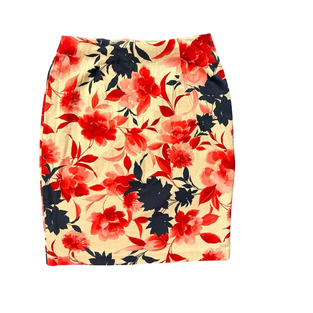 1990s Vintage Floral Pencil Skirt 10 Romantic‎ Red Cream Cotton Blend USA VTG